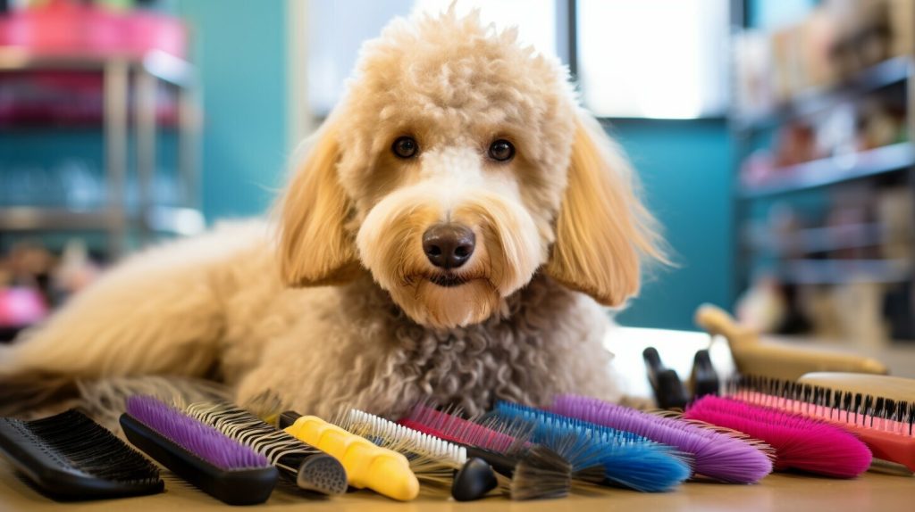 F1 Goldendoodle is sitting with brushes