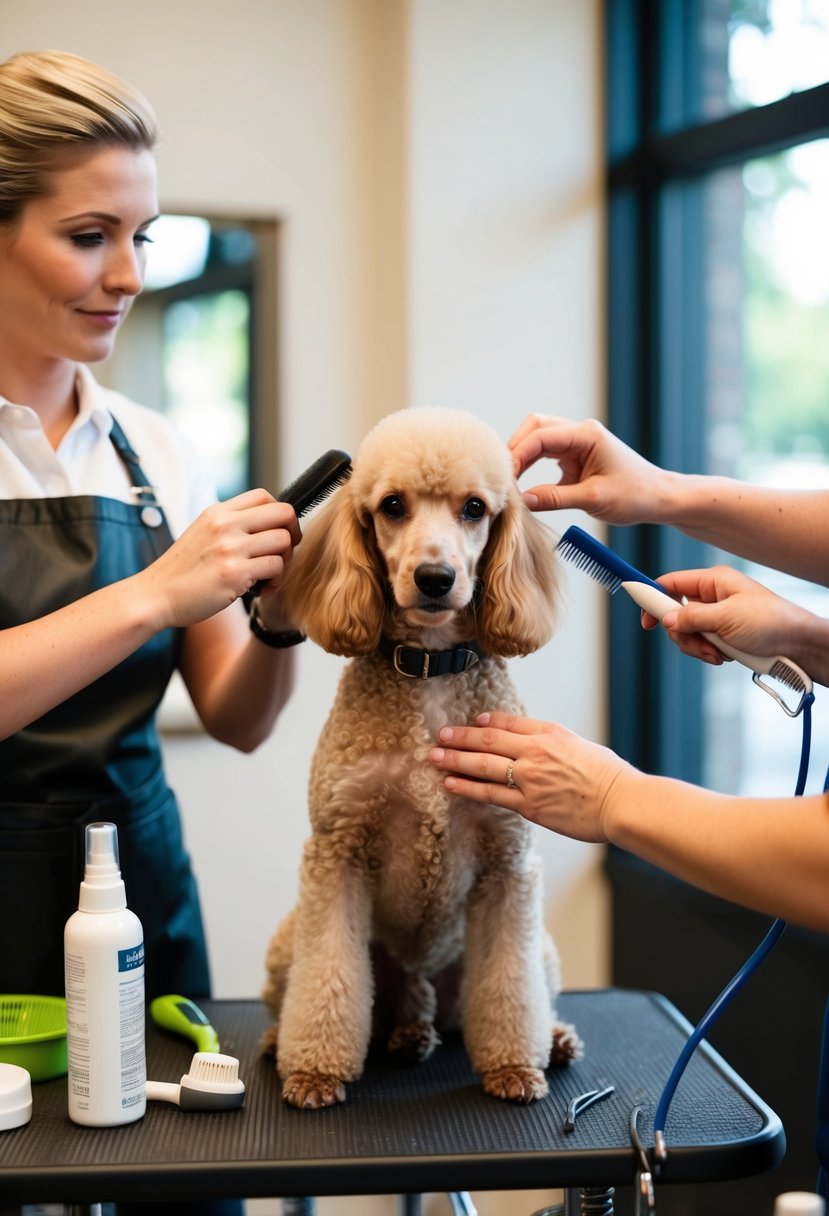 A poodle sits calmly as its ears are gently brushed and trimmed by a groomer. The grooming table is equipped with various tools and products for the session