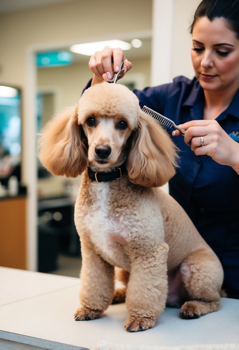 A poodle with fluffy ears sits calmly as a groomer carefully trims and cleans the ear fur, using gentle movements and specialized tools