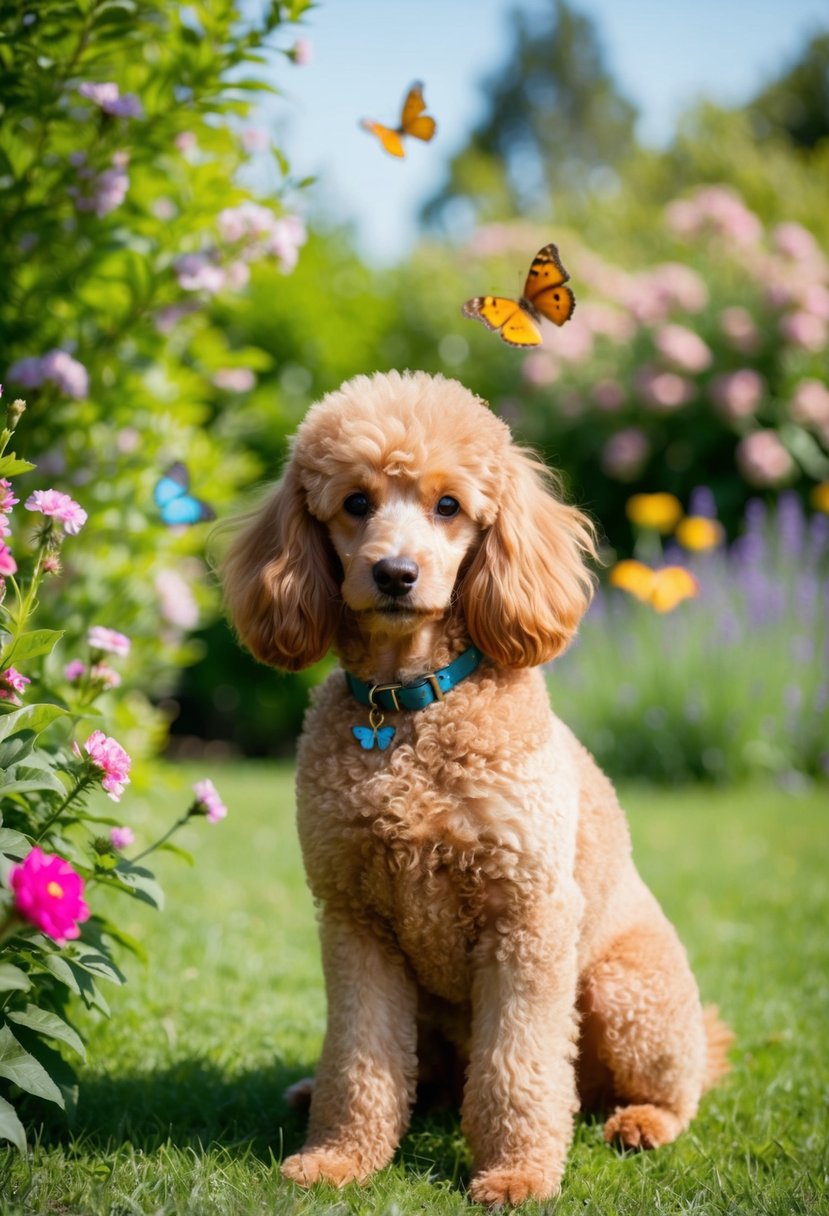 A fluffy apricot poodle sits in a sun-dappled garden, surrounded by blooming flowers and butterflies