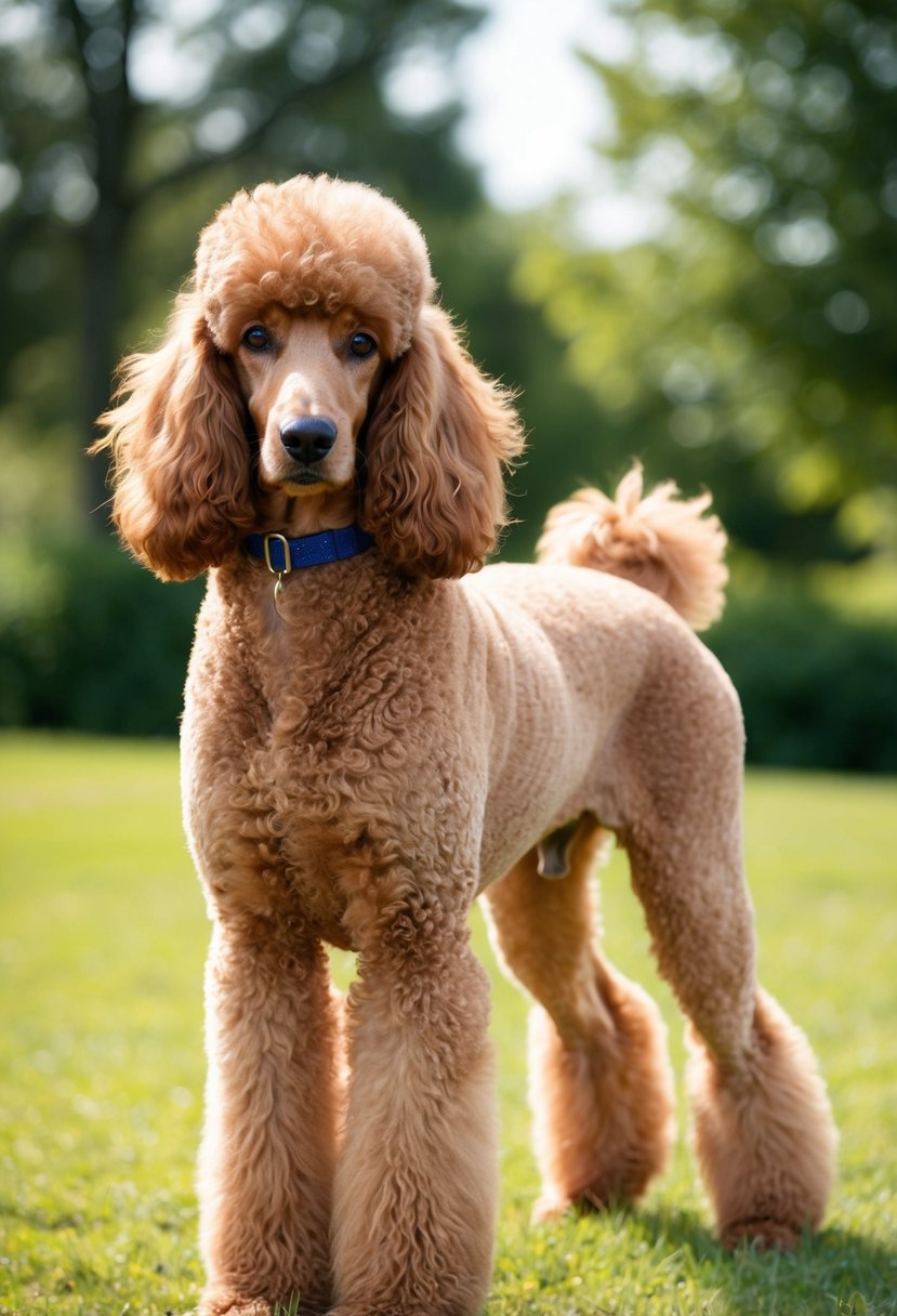 A full-grown apricot Poodle stands proudly, its fluffy coat shimmering in the sunlight. Its medium-sized body exudes elegance and grace, with a height of around 10 to 15 inches at the shoulder