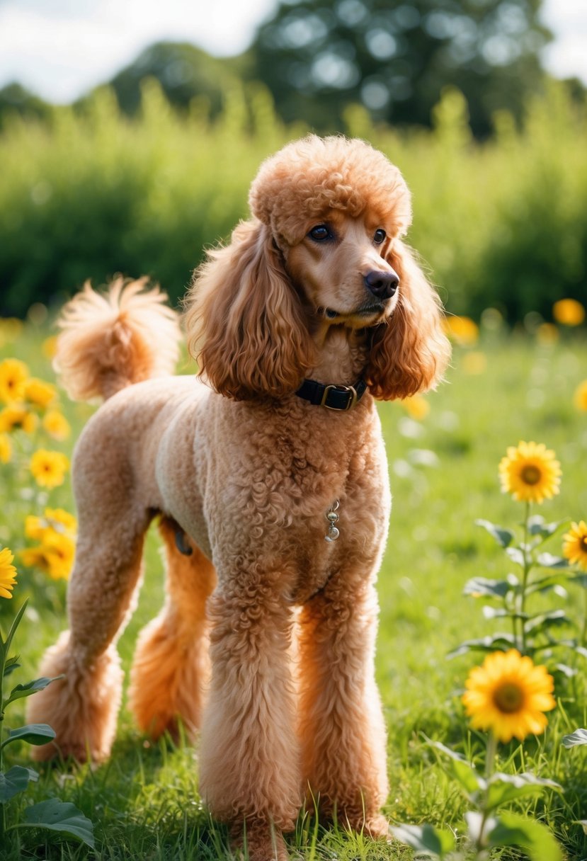 An apricot poodle stands in a lush green meadow, its fluffy coat glowing in the sunlight. Surrounding flowers match its warm, golden hue