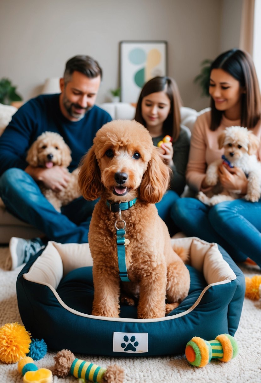 An apricot poodle sits in a cozy pet bed, surrounded by toys and treats. A family looks on lovingly, considering whether to adopt or buy