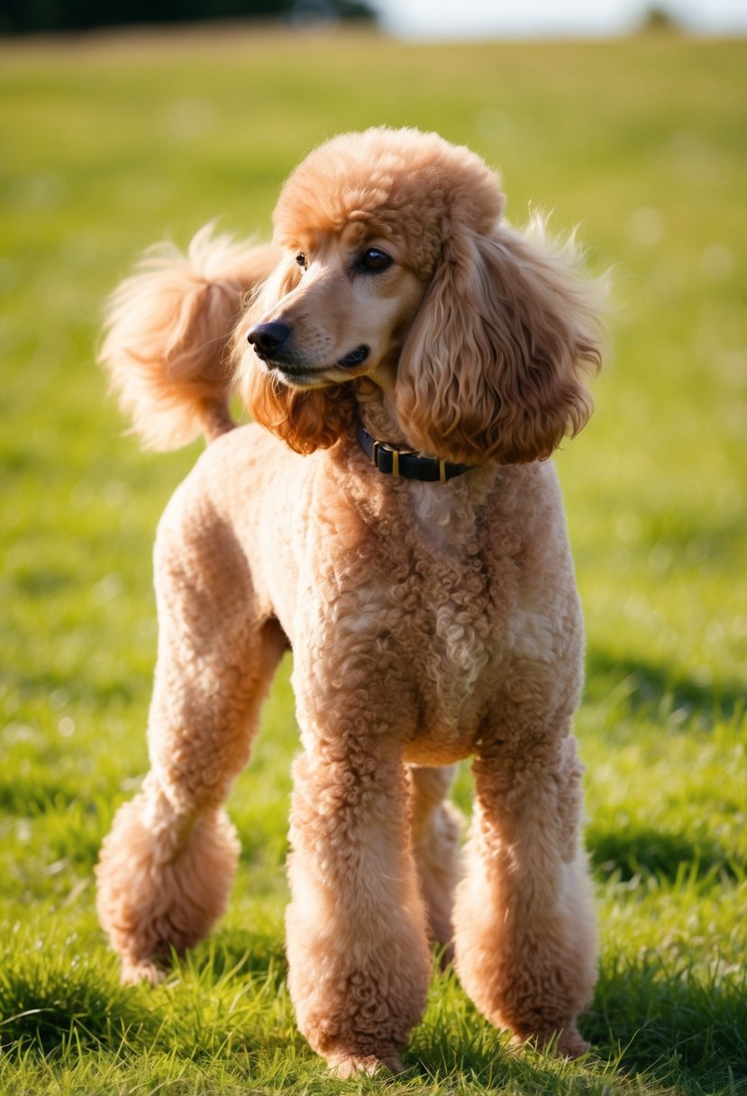 An apricot poodle stands on a grassy meadow, its fluffy coat glowing in the sunlight. The poodle's fur is a warm, golden color, with soft curls that bounce as it moves