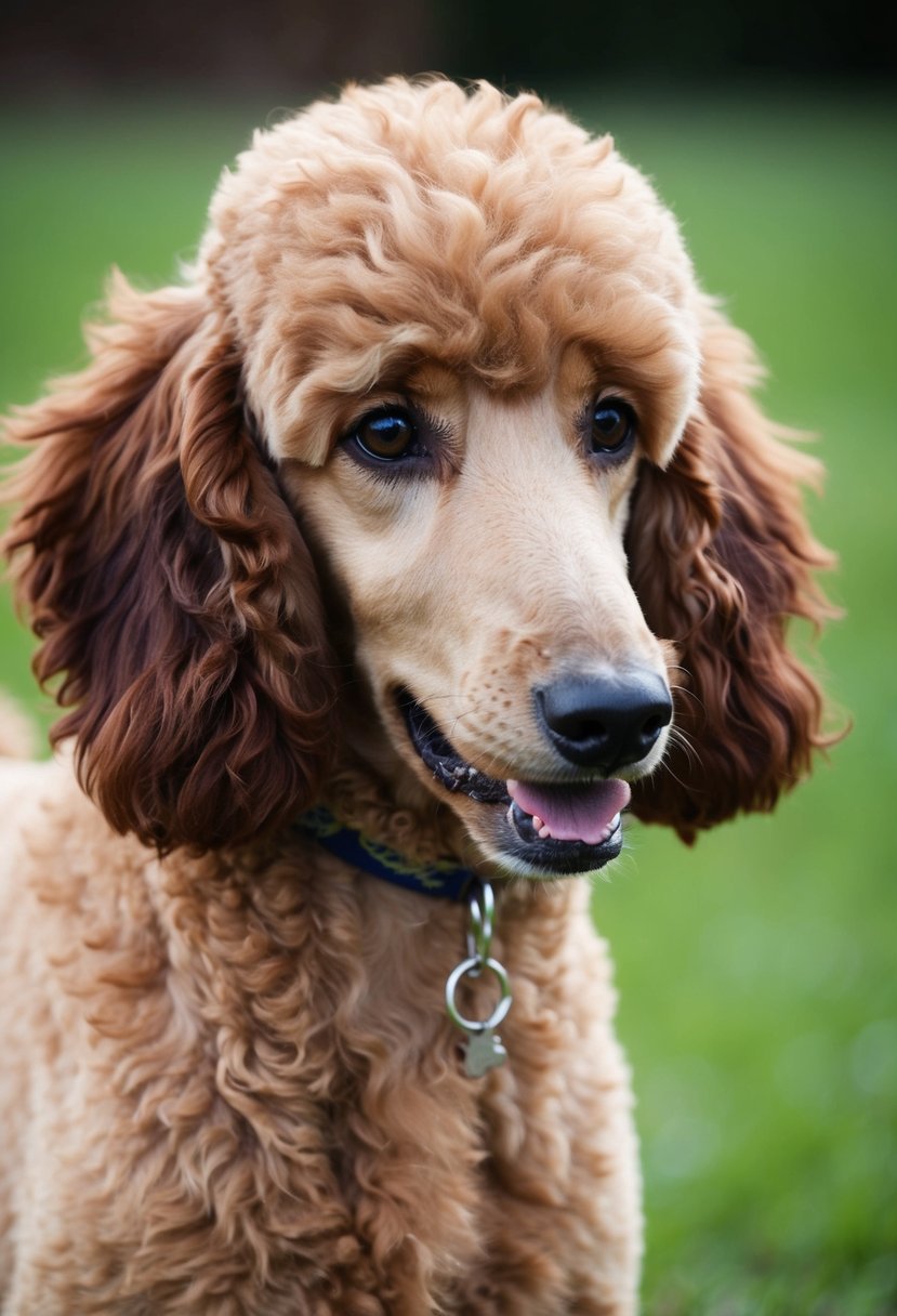 A close-up of an apricot poodle with a dark red patch on its coat, possibly caused by a genetic mutation or a localized increase in melanin production