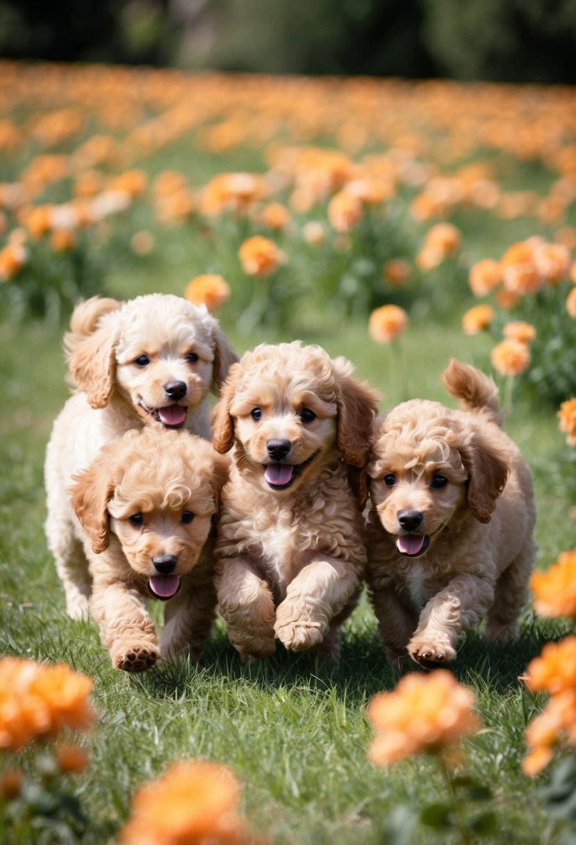 A trio of fluffy apricot poodle puppies playfully romp in a field of apricot-colored flowers