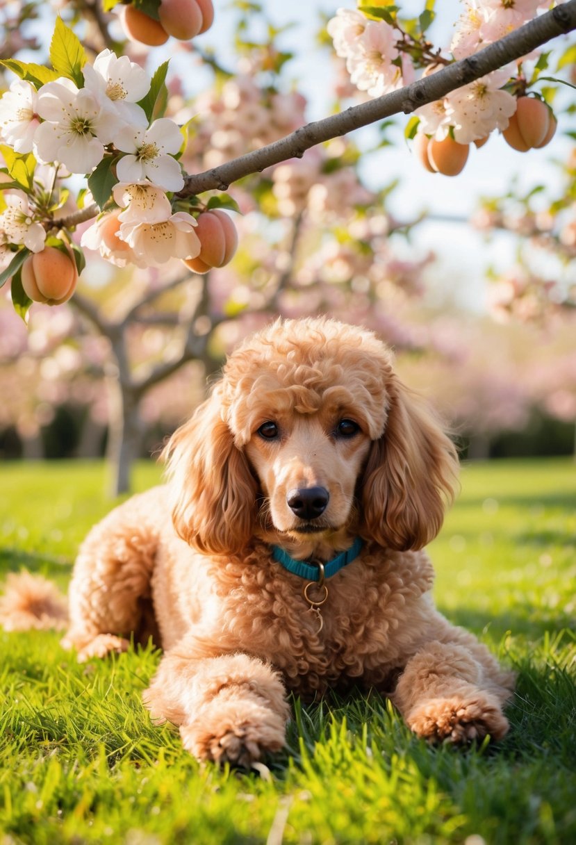 An apricot poodle lounges under a blossoming apricot tree, its fluffy coat blending in with the surrounding flowers. The soft sunlight creates a warm, tranquil atmosphere