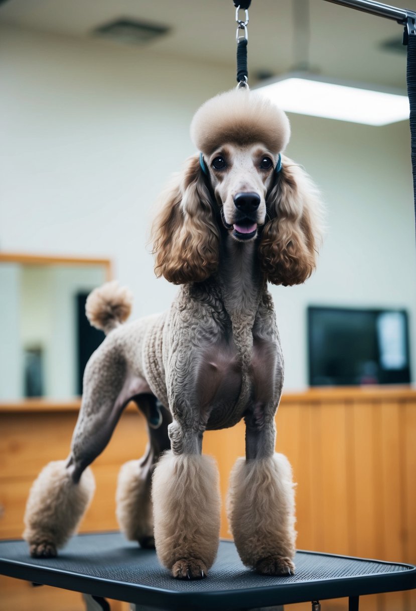 A standard poodle stands on a grooming table, its coat expertly styled with intricate patterns and shapes. The poodle looks alert and proud, showcasing the artistry of creative grooming