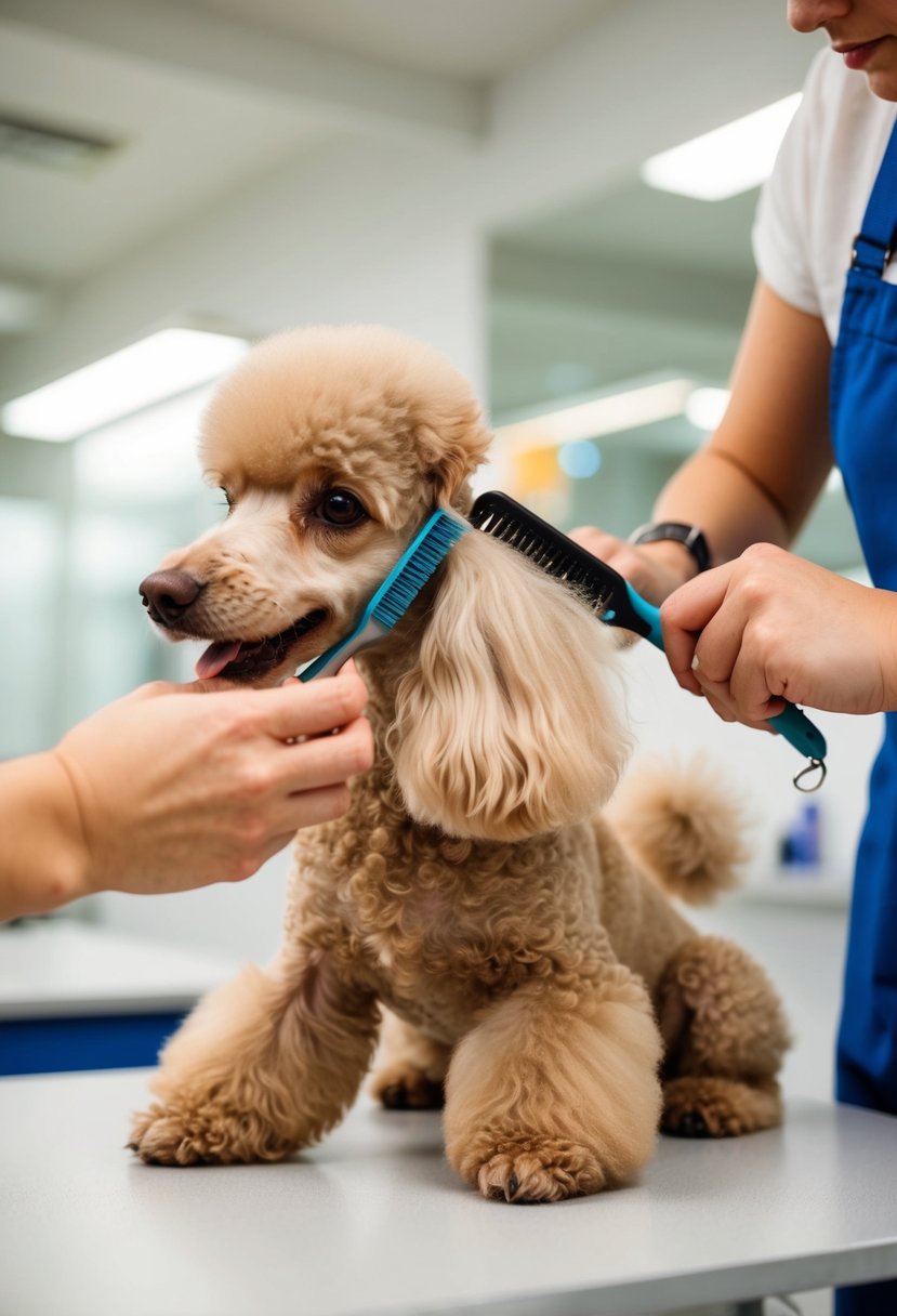 A poodle's ear being gently brushed and trimmed with grooming tools on a clean, well-lit table