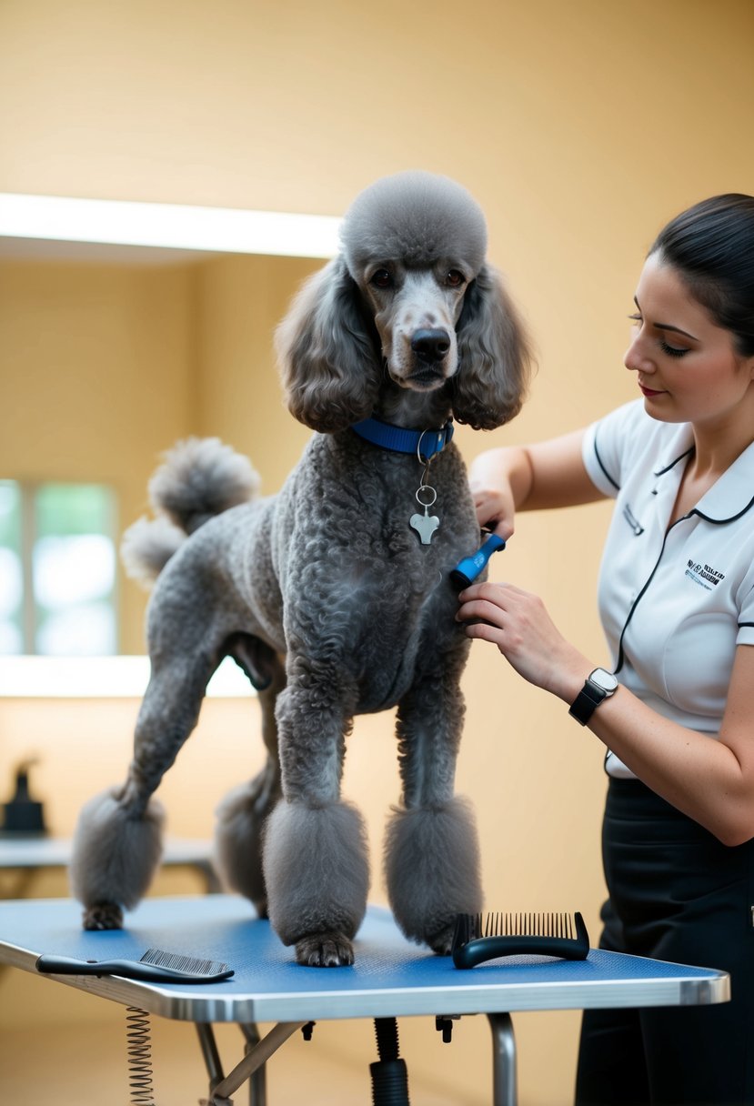 A standard poodle stands on a grooming table, with a brush and comb nearby. A groomer trims the dog's fur, carefully shaping the iconic poodle cut