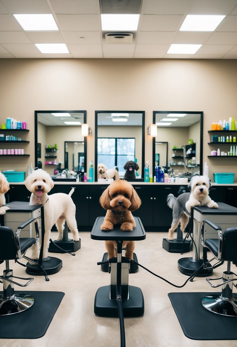 Five dogs being groomed in a spacious, well-lit salon with grooming tables, equipment, and shelves stocked with grooming products