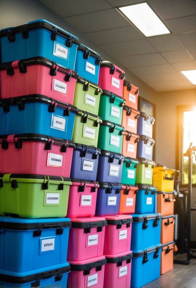 A colorful array of grooming totes arranged neatly, each labeled with a different color for easy organization