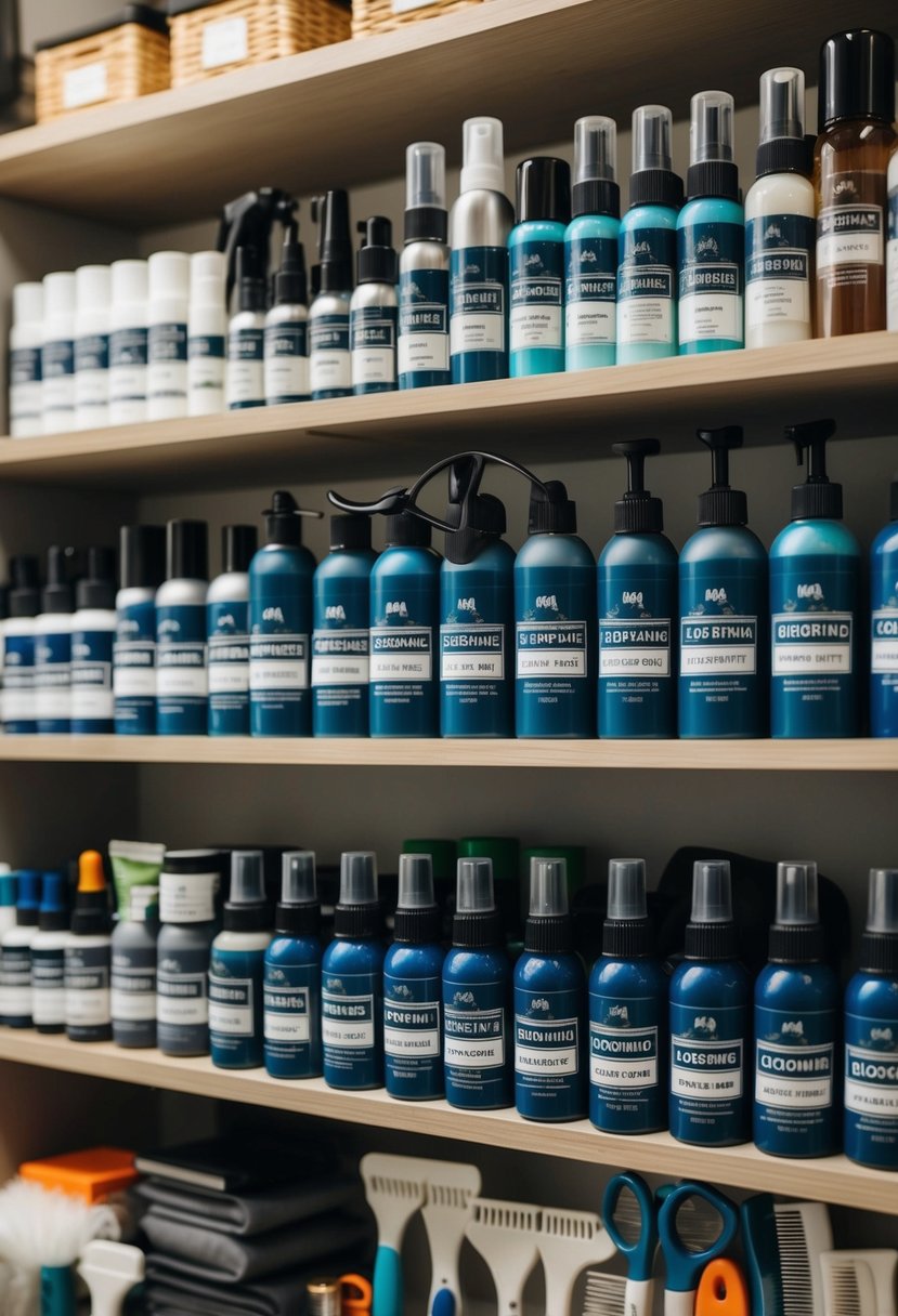 A variety of labeled grooming kits arranged neatly on shelves, with grooming tools and products displayed in an organized and visually appealing manner