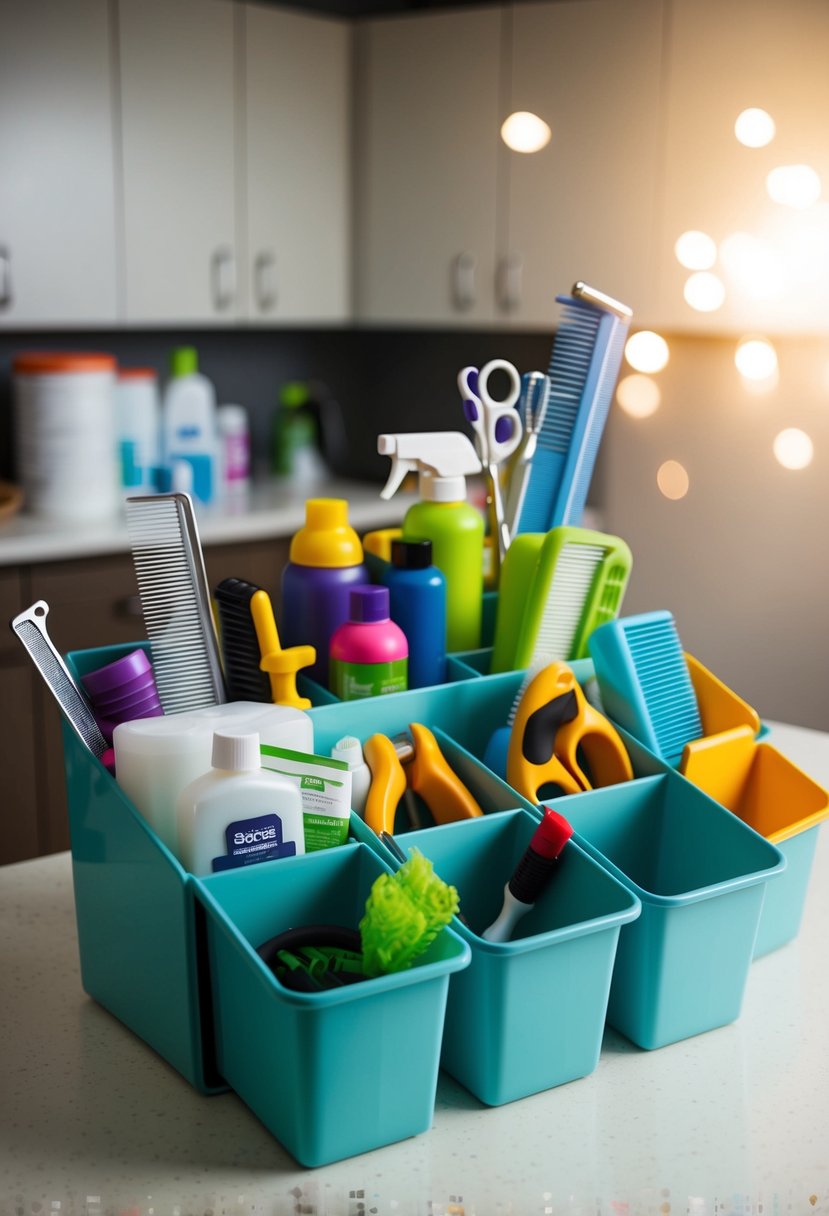 A set of divided storage bins filled with grooming tools and supplies for dogs