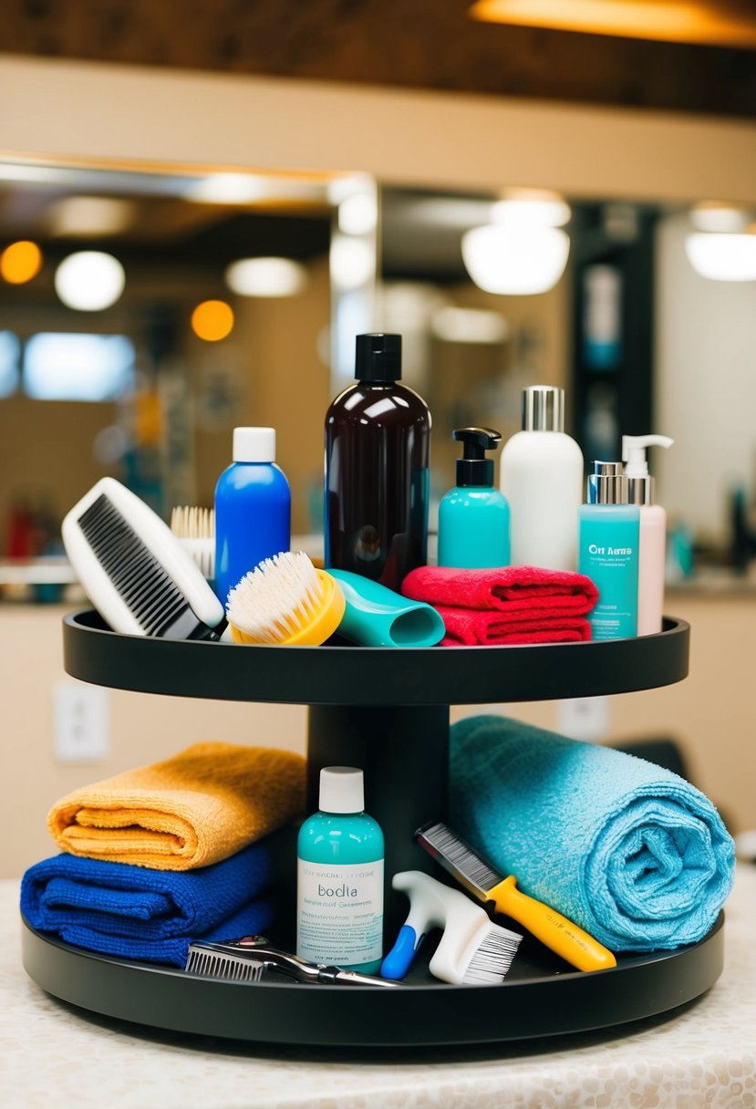 A rotating grooming shelf holds various dog grooming supplies, including brushes, clippers, shampoos, and towels