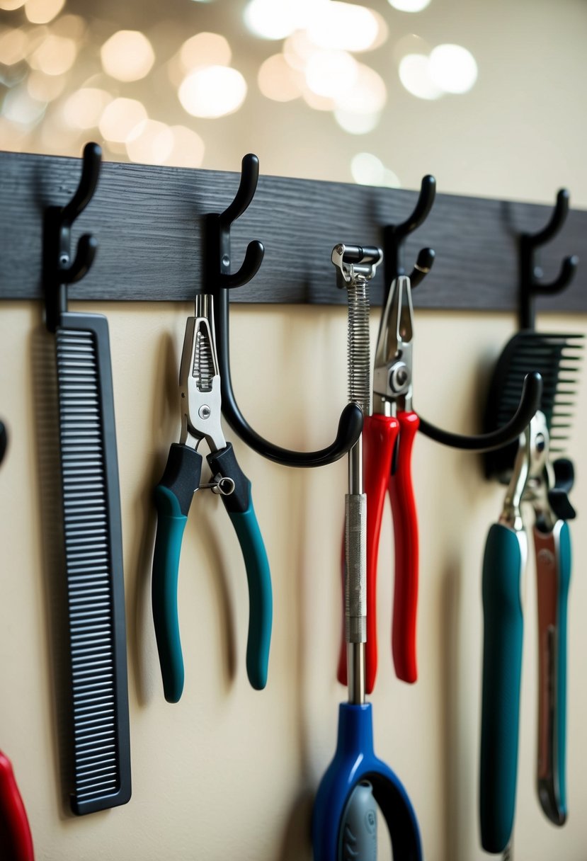 A wall-mounted hook rack holds grooming tools for dogs