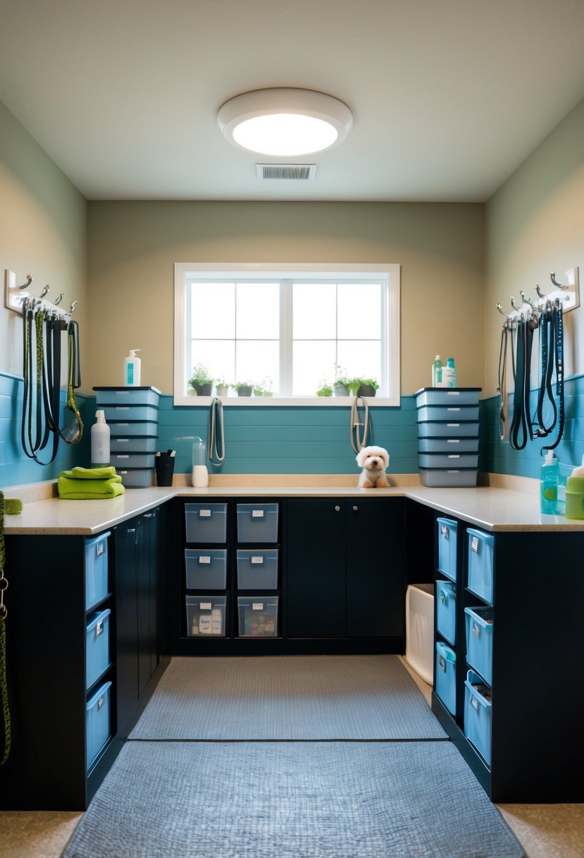 A spacious, well-lit grooming station with labeled storage bins, hanging leashes, a grooming table, and a comfortable bathing area