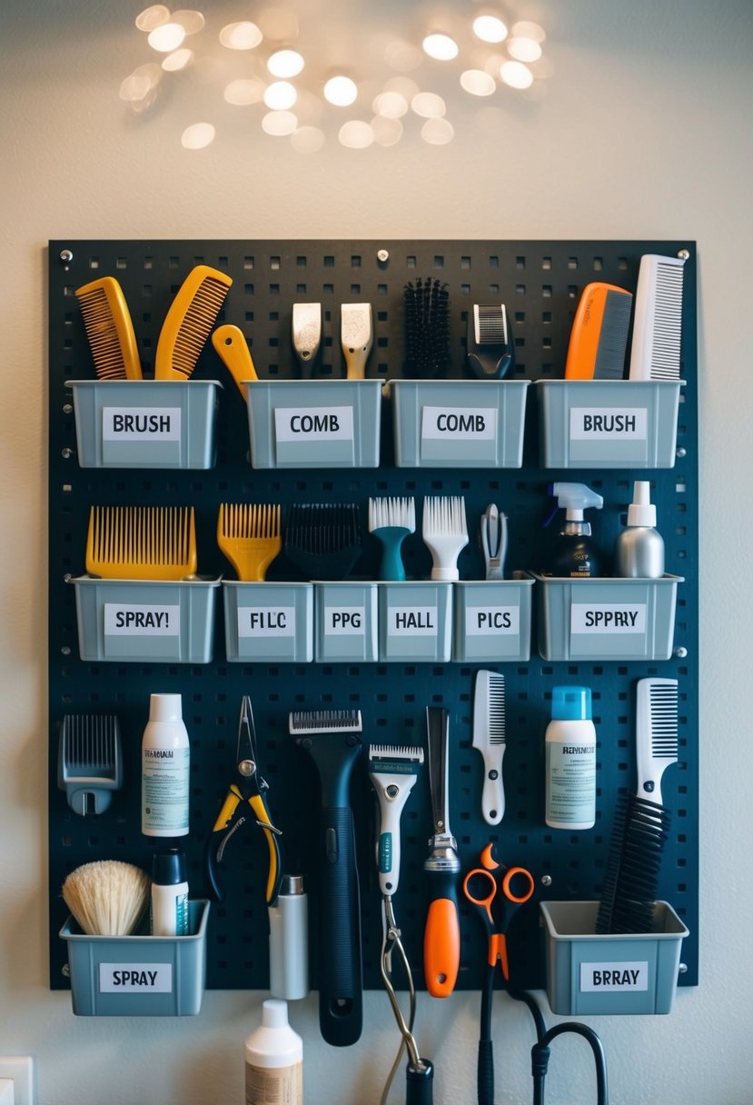 Grooming tools neatly arranged in labeled bins on a wall-mounted pegboard, with brushes, combs, clippers, and sprays easily accessible