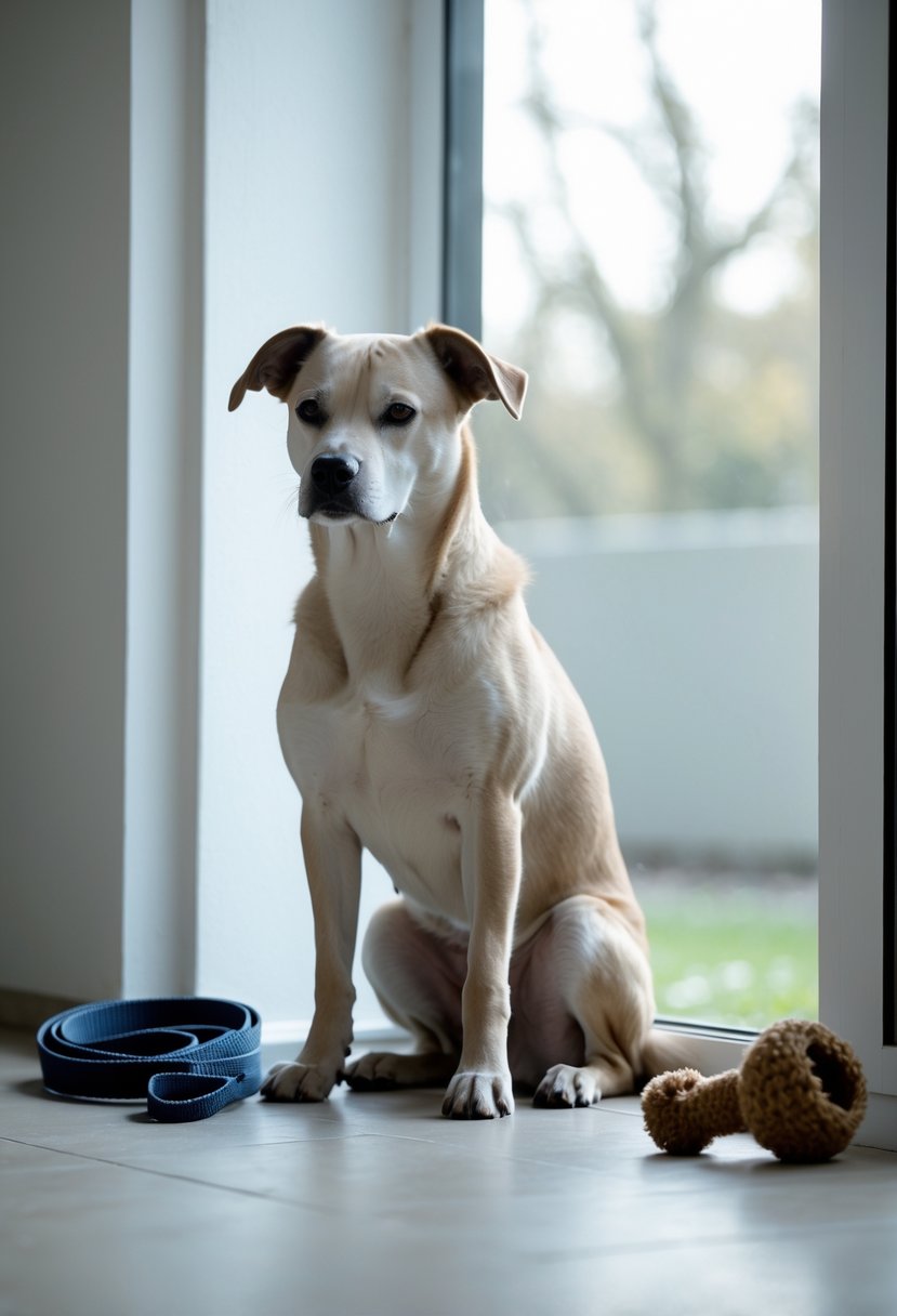 A medium-sized dog sitting quietly indoors near a window, looking withdrawn and uninterested with a leash and dog toy lying unused on the floor nearby.