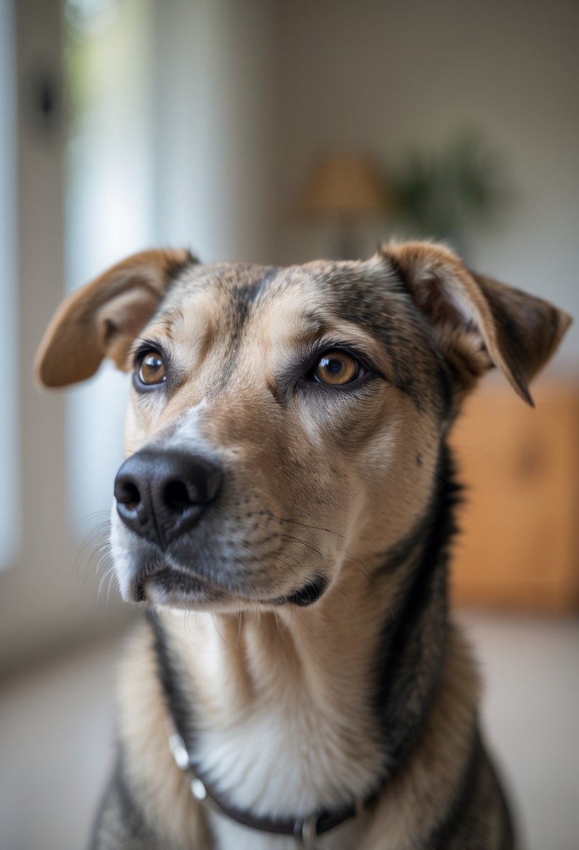 A medium-sized dog looking away with its eyes averted, showing signs of discomfort indoors.