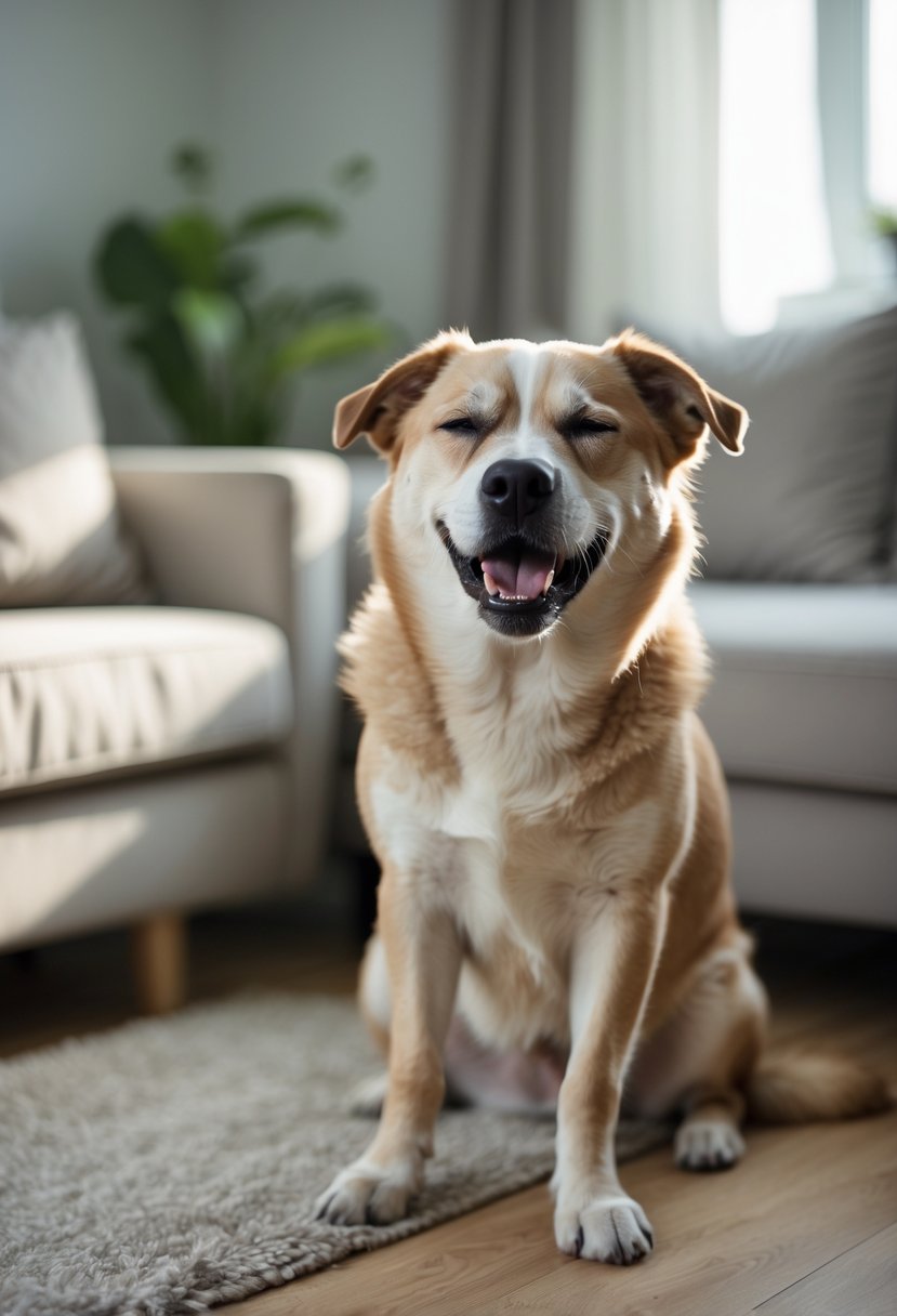 A medium-sized dog sitting on a wooden floor indoors, panting heavily and looking distressed.