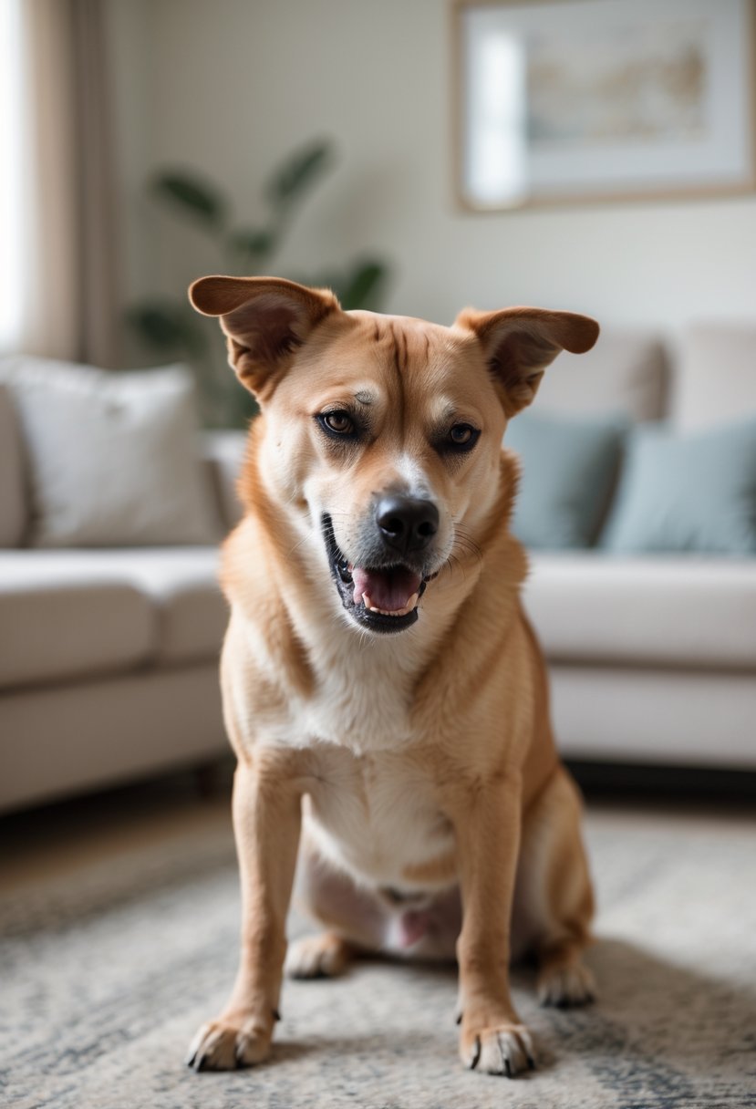 A medium-sized dog in a living room looking anxious and whining, showing signs of distress.