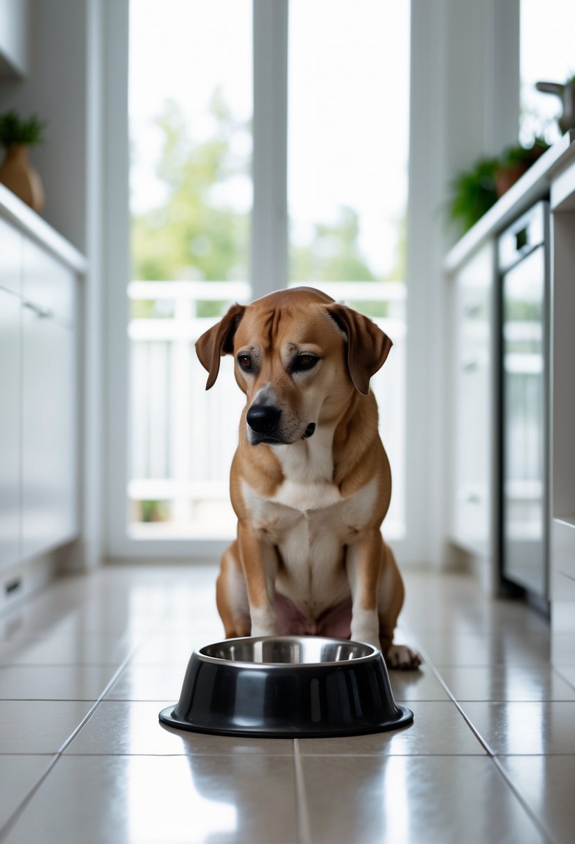 A medium-sized dog sitting in front of an empty food bowl in a bright kitchen, looking sad and hesitant.