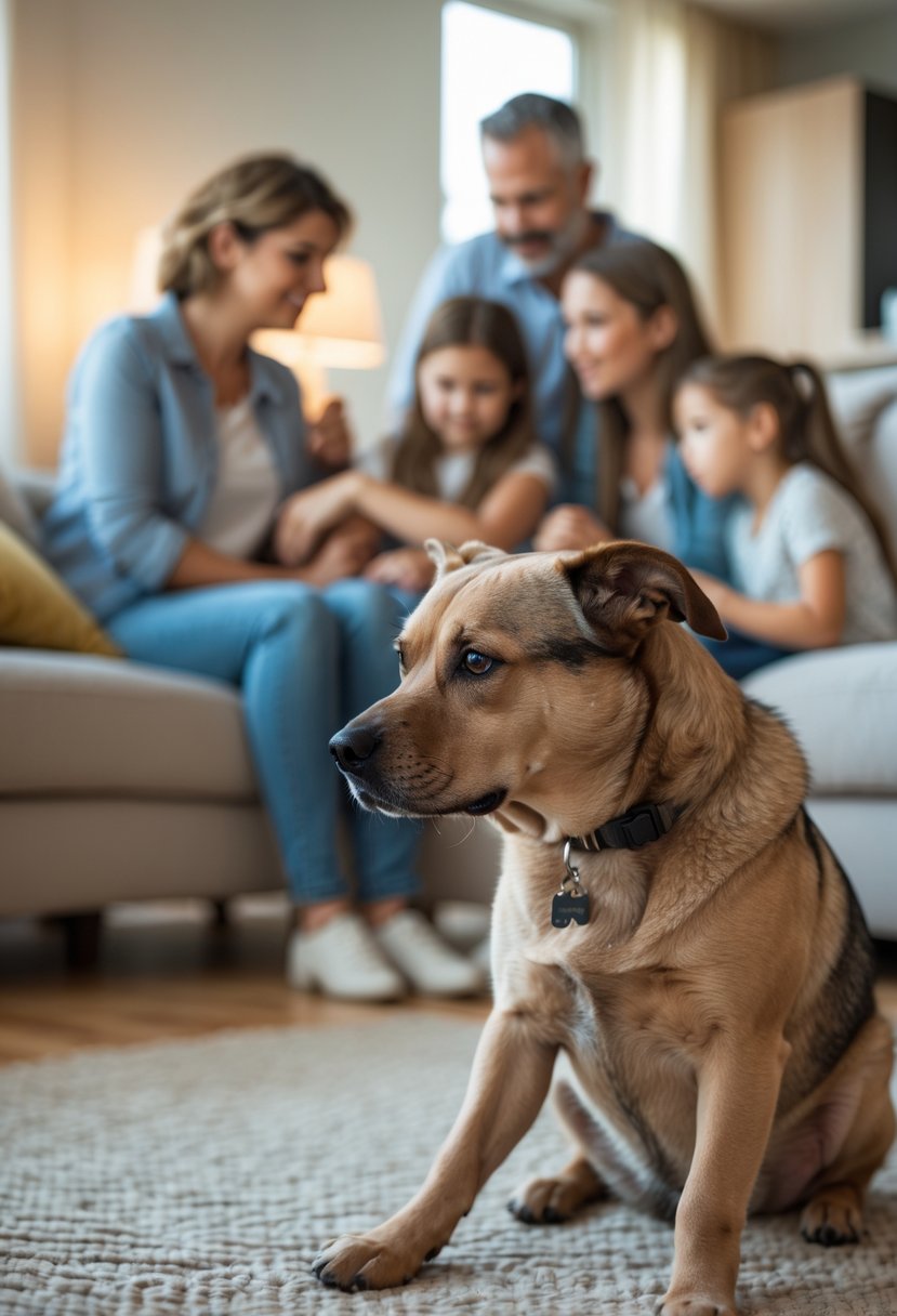 A dog sitting quietly and looking away from a group of family members in a living room.