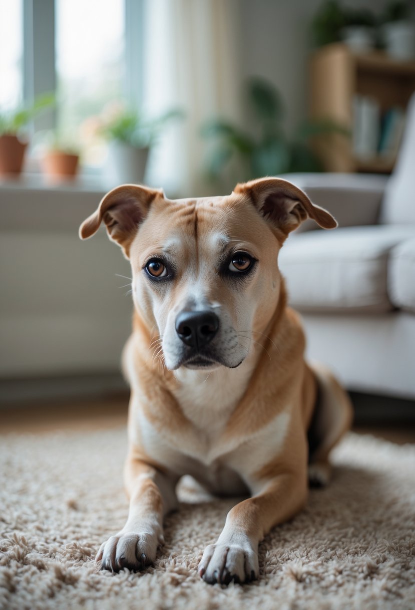 A close-up of a medium-sized dog sitting indoors looking sad and anxious near a window in a cozy living room.