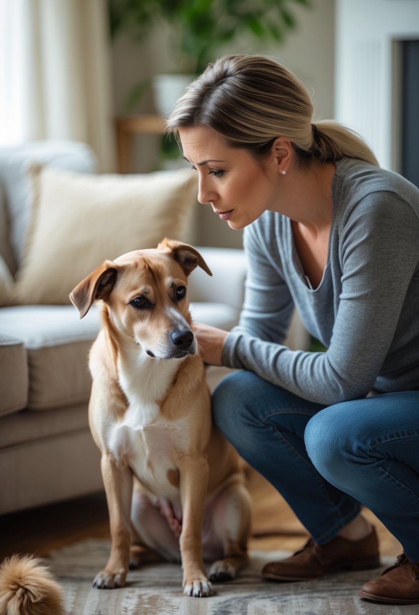 A concerned person gently watching a dog that looks sad and withdrawn inside a cozy living room.