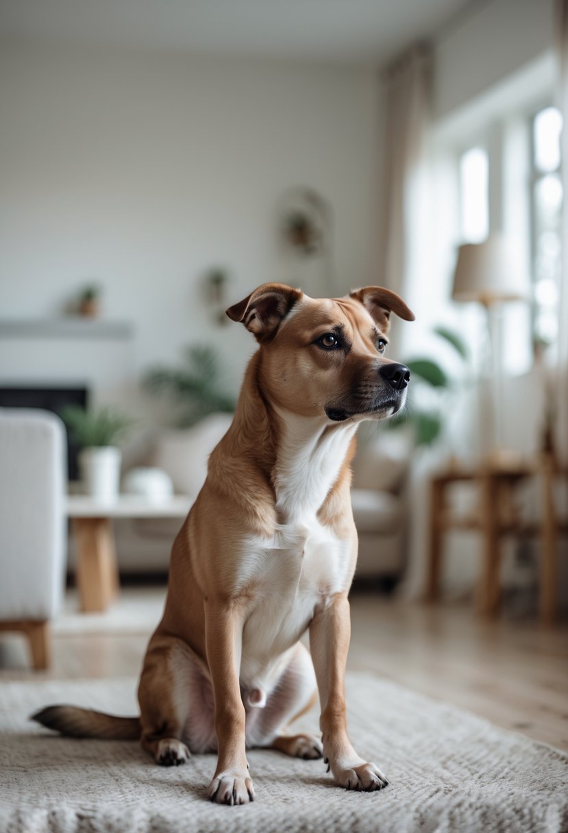 A medium-sized dog sitting indoors looking away with a sad, anxious expression.