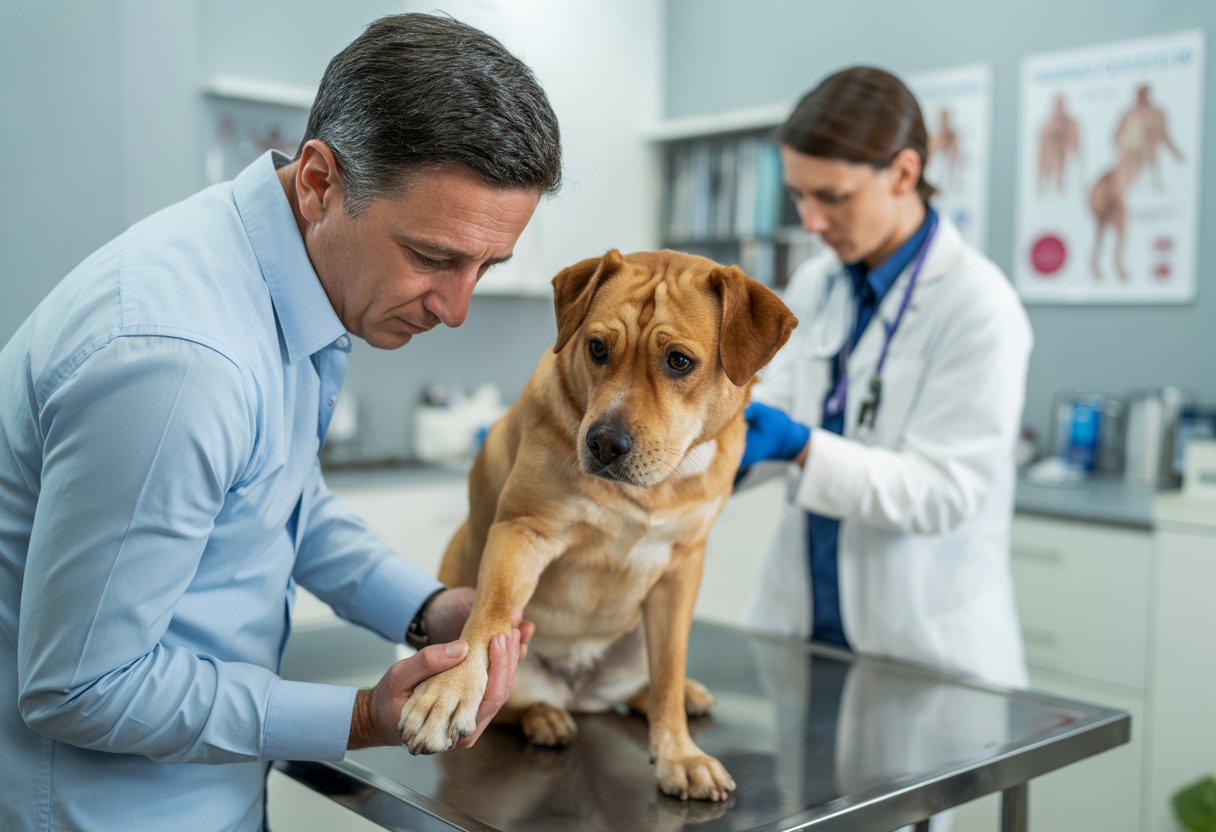 A dog owner holding the paw of a medium-sized dog in a veterinary clinic while a veterinarian prepares medical instruments.