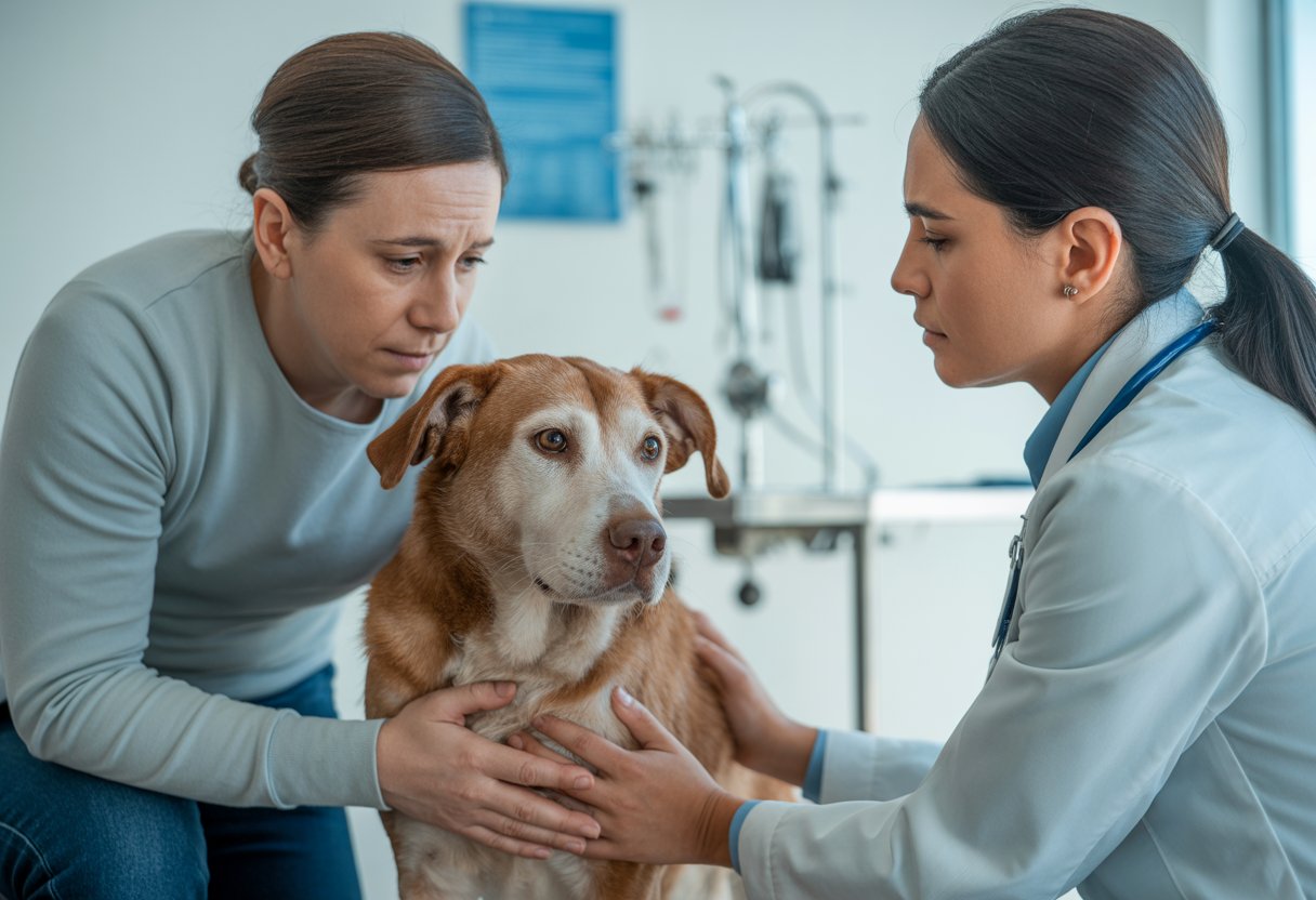A dog owner gently examining their dog in a veterinary clinic while a veterinarian stands nearby.