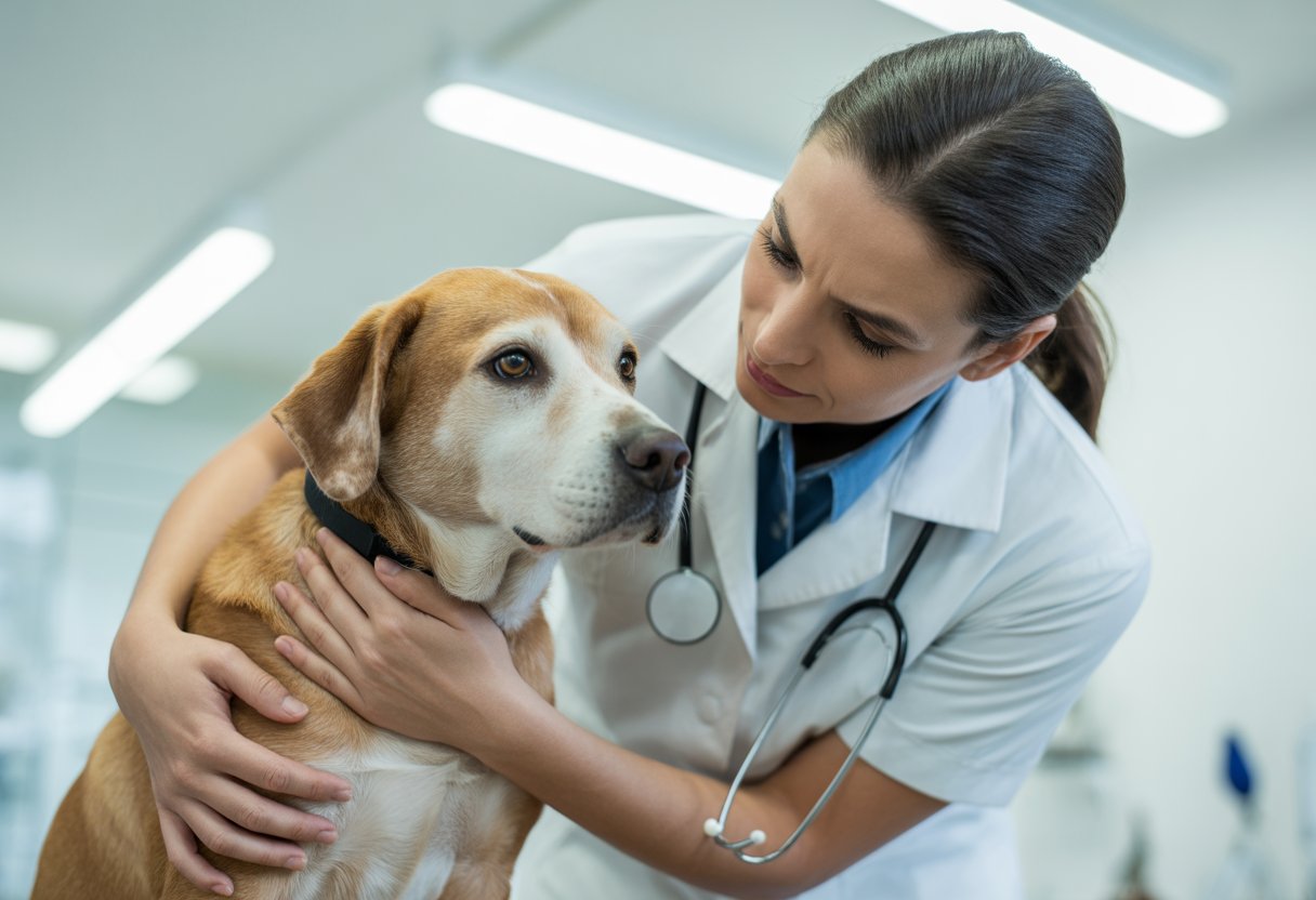 A dog owner gently holding and inspecting a calm dog in a veterinary clinic.