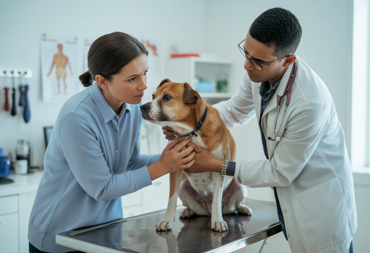 A dog owner and a veterinarian examining an anxious dog on a veterinary clinic table.