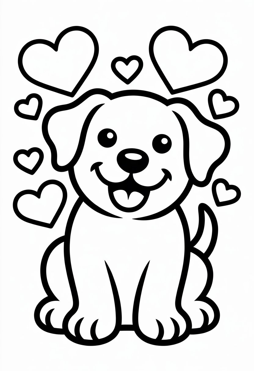 A happy dog sitting surrounded by heart shapes.