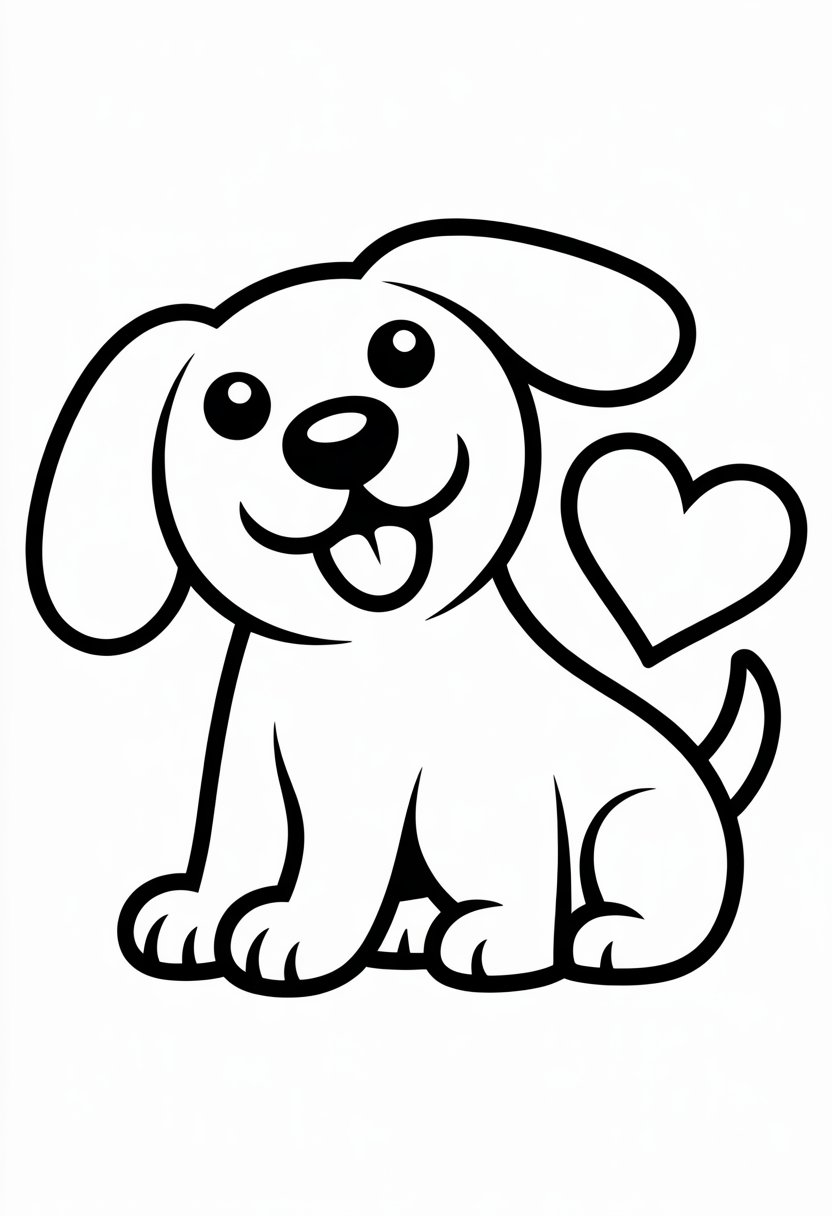 A happy dog sitting next to a heart symbol.