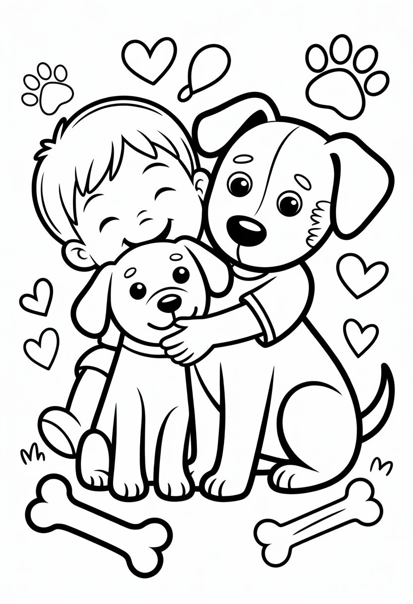 A child happily hugging a dog with paw prints, hearts, and bones around them.