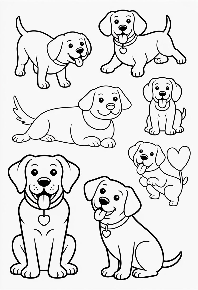 A coloring page showing several dogs in different playful and loving poses.