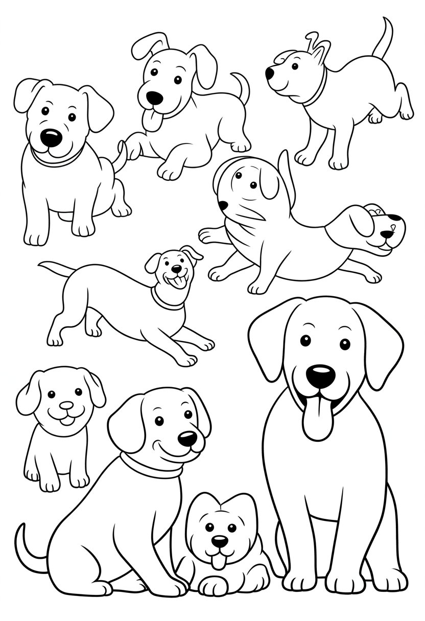 A group of playful dogs in various poses including sitting, running, and wagging their tails.