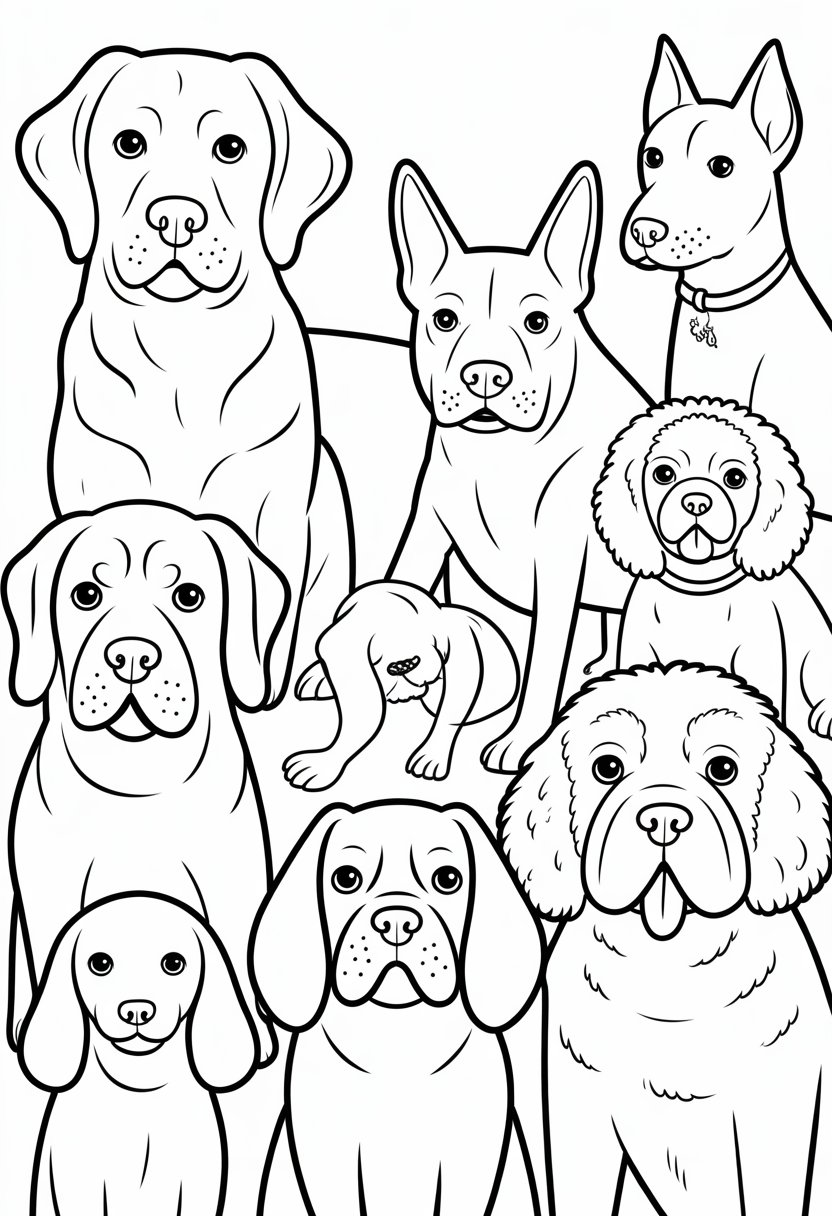 A group of different dog breeds standing together, including a Labrador, German Shepherd, Beagle, Bulldog, and Poodle.