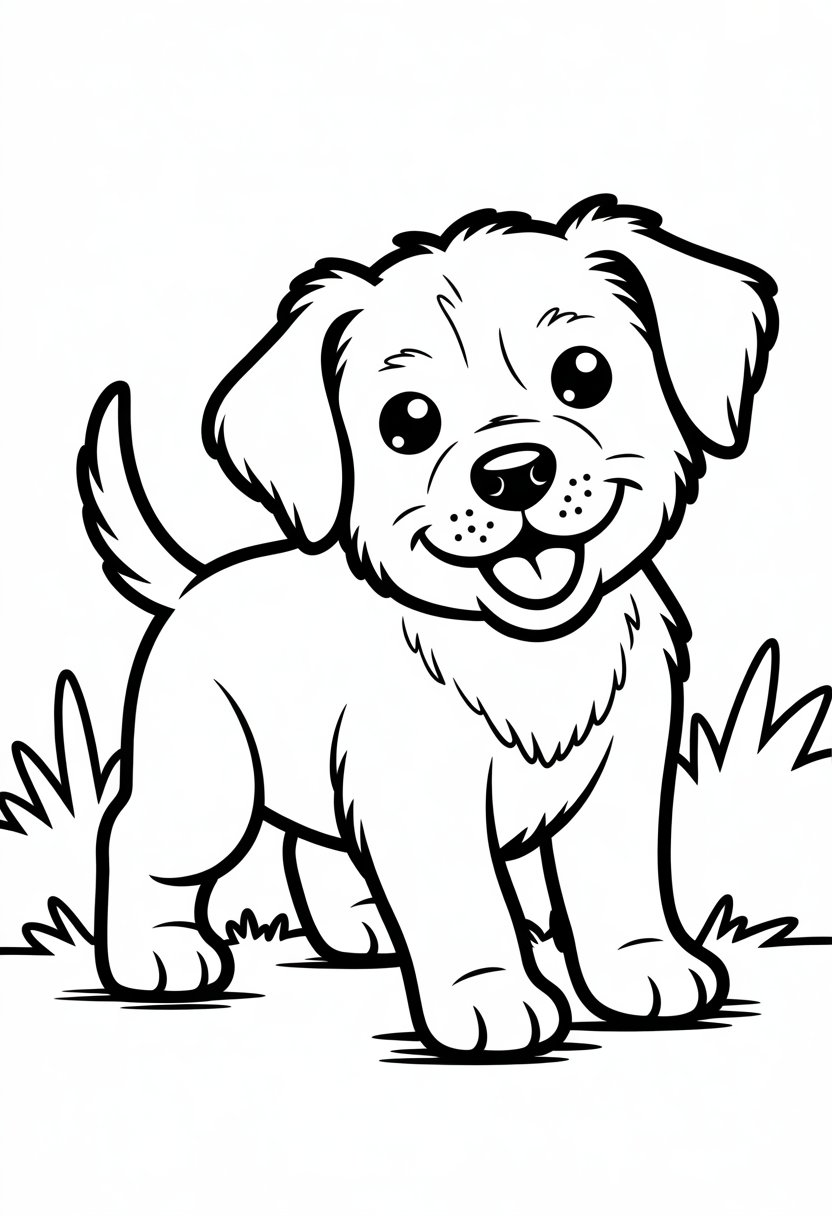 A playful puppy standing with floppy ears and a wagging tail.