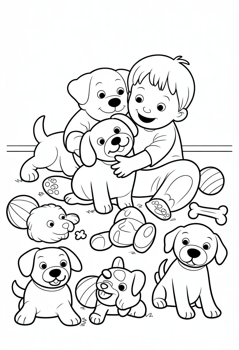 A child happily hugging a dog while other dogs play nearby with toys.