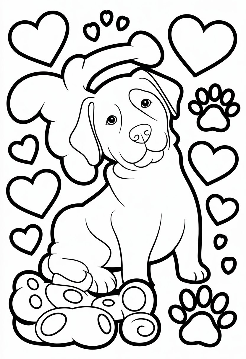 A happy dog surrounded by hearts, paw prints, and dog toys.