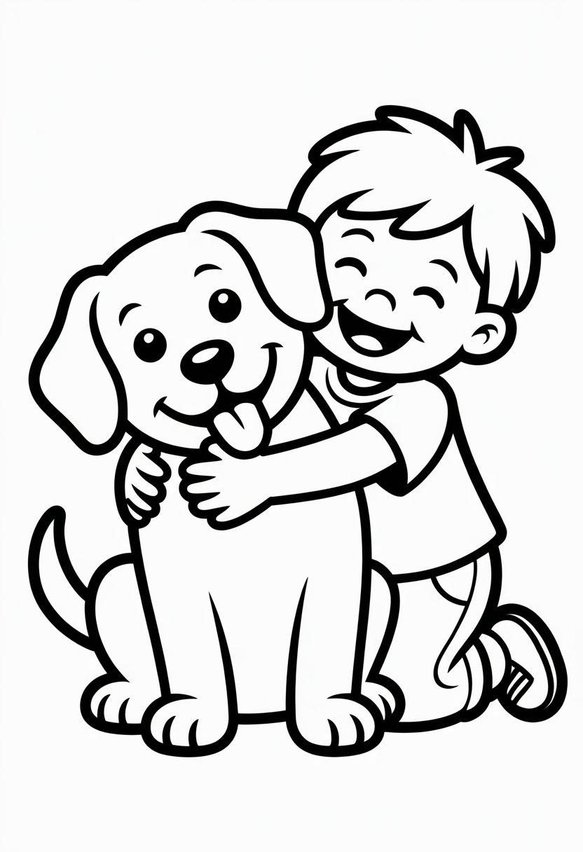 A child happily hugging a smiling dog with floppy ears and a wagging tail.