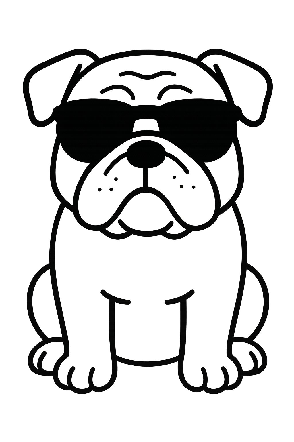 A bulldog wearing sunglasses looking forward.