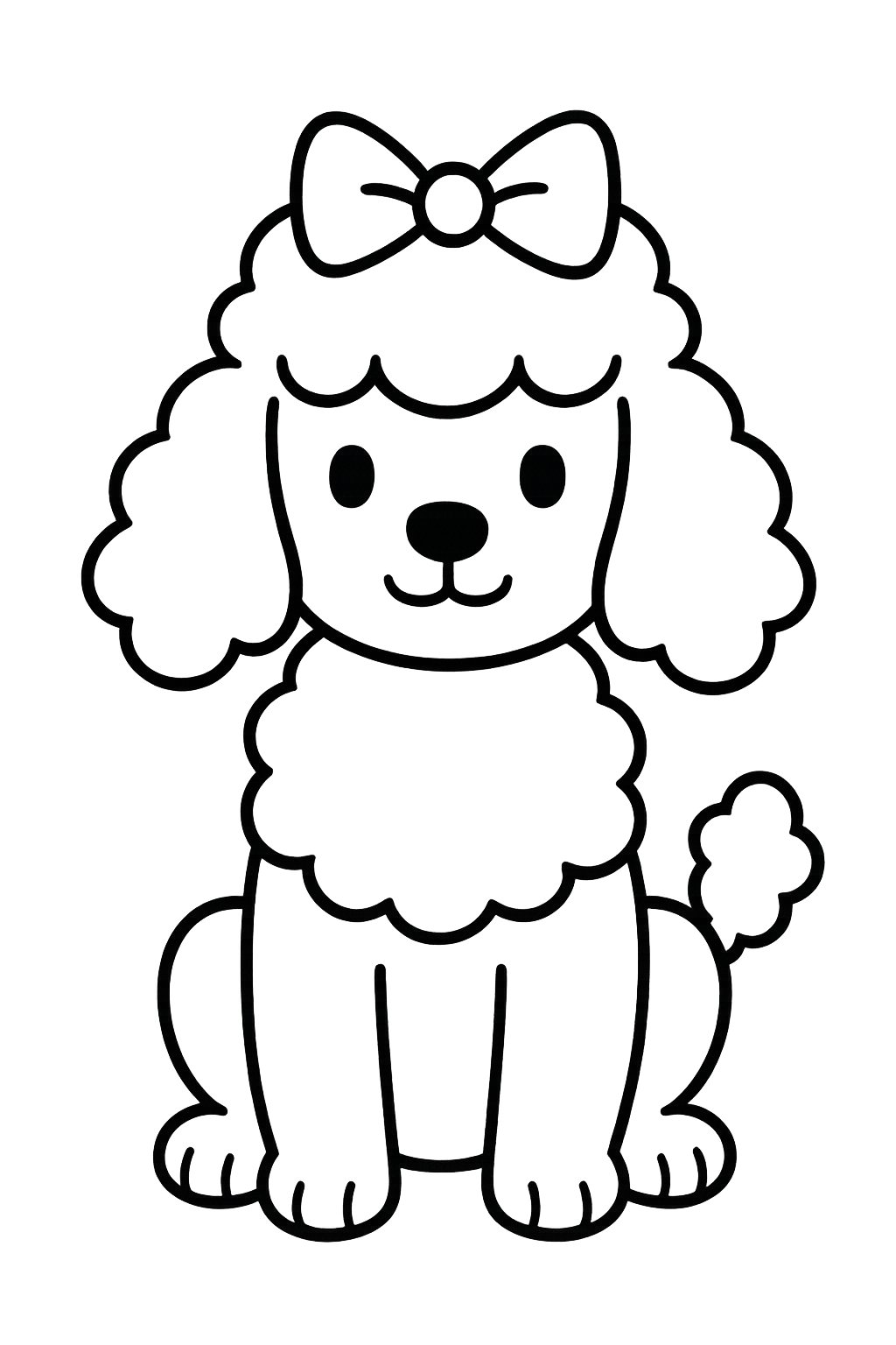 A poodle dog wearing a bow on its head.