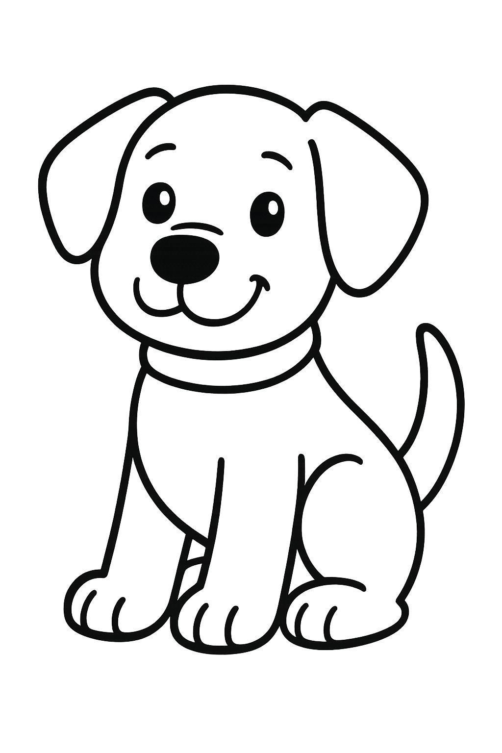 A simple cartoon dog sitting playfully with clear outlines on a blank background.