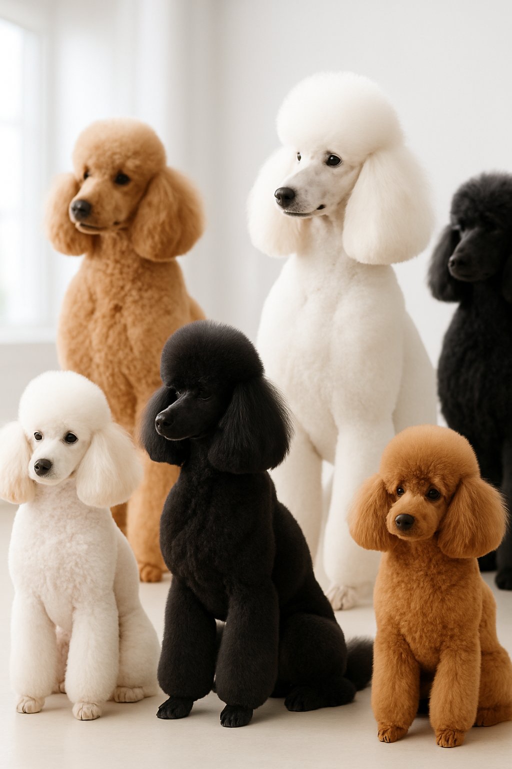 Several poodles with different grooming styles posed in a bright studio setting.