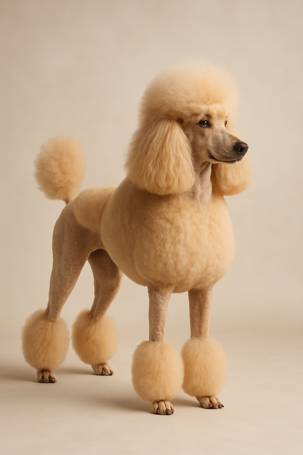 A neatly groomed poodle standing calmly against a plain background.